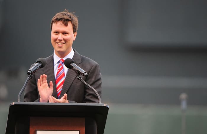 SF Giants announcer Dave Flemming speaks during a pre-game ceremony. (2010)